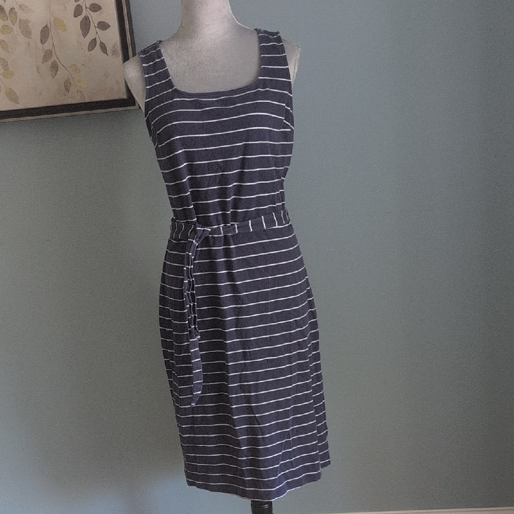 Striped Navy Sleeveless Belted Dress - Women Large Tall